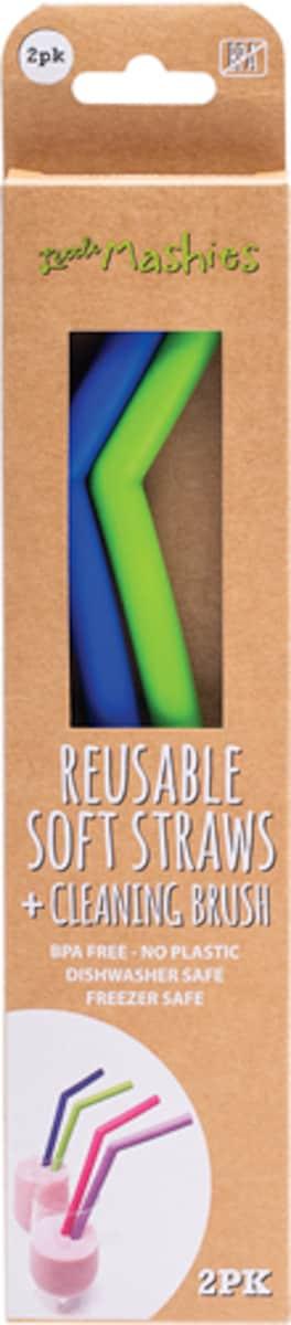 Little Mashies Reusable Soft Silicone Blue & Green Straws + Cleaning Brush