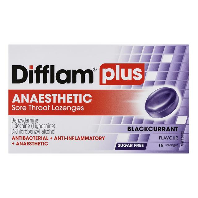 Difflam Plus Anaesthetic Sore Throat Lozenges Blackcurrant 16 Pack