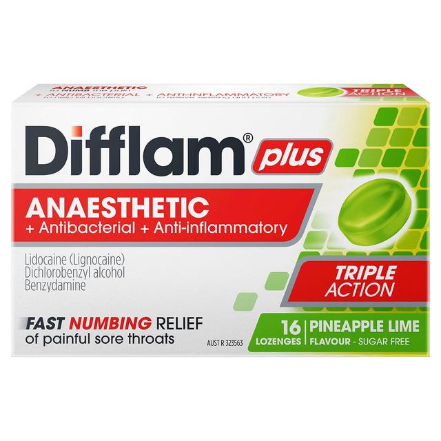 Difflam Plus Anaesthetic Sore Throat Lozenges Pineapple & Lime 16 Pack